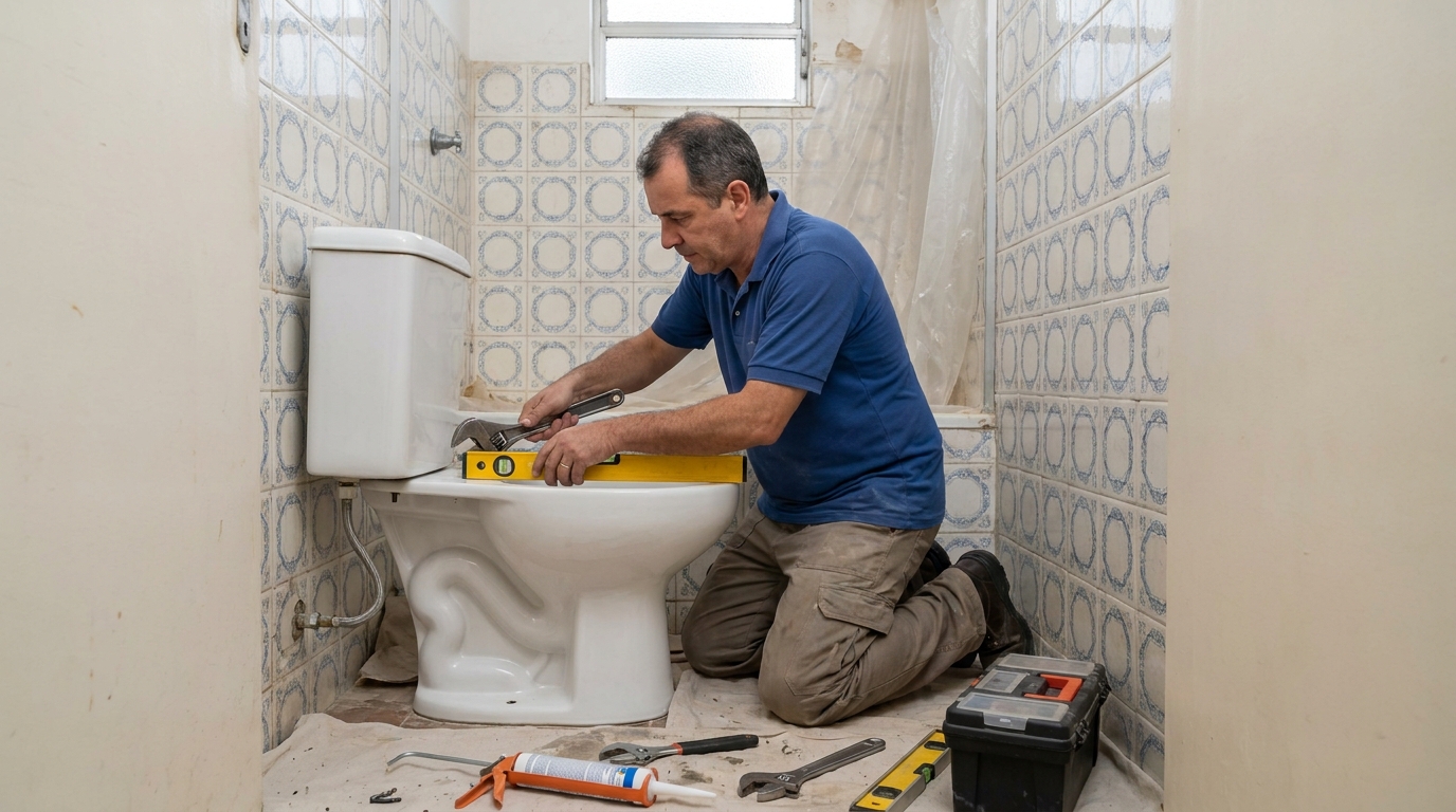 Técnico instalando vaso sanitário em Florianópolis‑SC